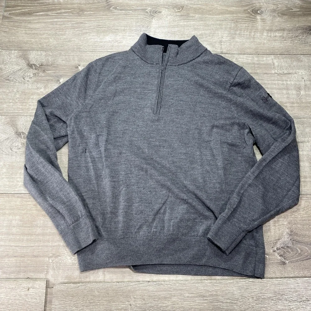 Under Armour Sweater Mens Large Gray Quarter Zip Pullover Logo Wool‎